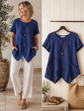 Koren Linen Rayon Asymmetrical Tunic Top L Blue Art to Wear Boho Pockets